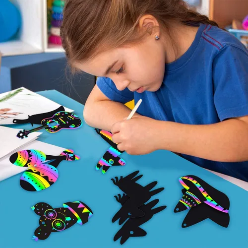 Vista 5 de WATINC Juego de 60 tarjetas de rascar de fiesta mexicana para niños y adultos, decoraciones de fiesta del Cinco de Mayo, kit de manualidades mágicas