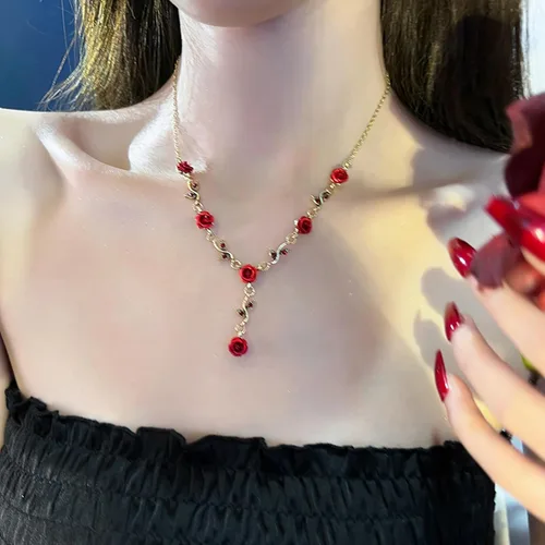 Vista 5 de Irregular Red Rose Necklace for Women Flower Necklace Vintage Jewelry Fashion Valentine's Day Jewelry 19.29 inches