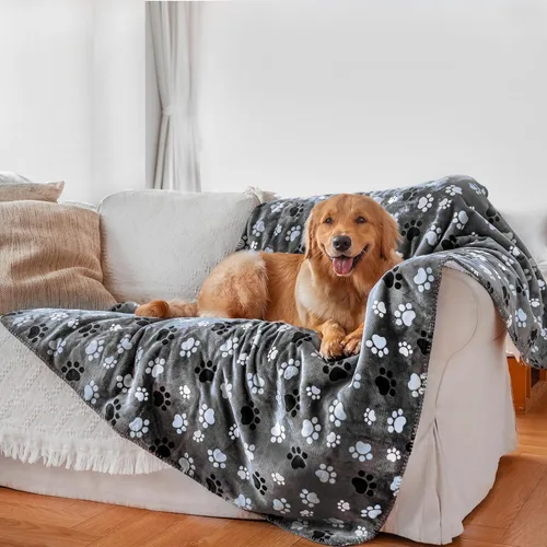 Vista 9 de Mantas impermeables para perros, manta para mascotas, con estampado de huellas, súper suave, cálida y mullida, toallita protector de sofá, coche