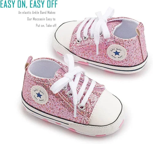 Vista 5 de Zapatos de lona para recién nacidos, para niños y niñas, suela suave, sin cordones, para primeros pasos, zapatos planos para cuna, de mezclilla