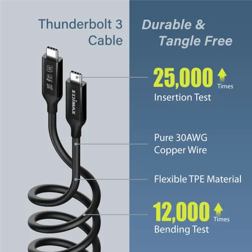 Vista 6 de Edimax Cable USB-C USB B4 Thunderbolt 3, 1.6 pies / 1.6 ft, hasta 40Gbps y 240W USB-PD, ultra duradero, unidades SSD, bases Thunderbolt, MacBook