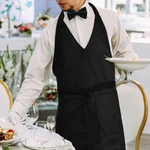 Vista 3 de 2 juegos de delantales unisex con cuello en V, delantales de esmoquin negros, delantales formales con babero, delantales ajustables para eventos