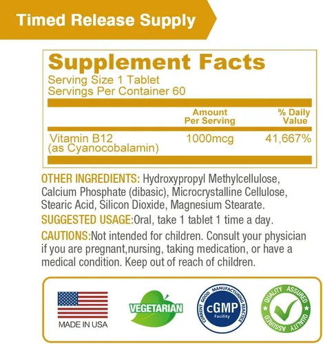 Vista 5 de LOVITA Vitamina B12 de liberación sostenida 1000 mcg (como cianocobalamina), liberación programada, 60 tabletas veganas para apoyo a la salud