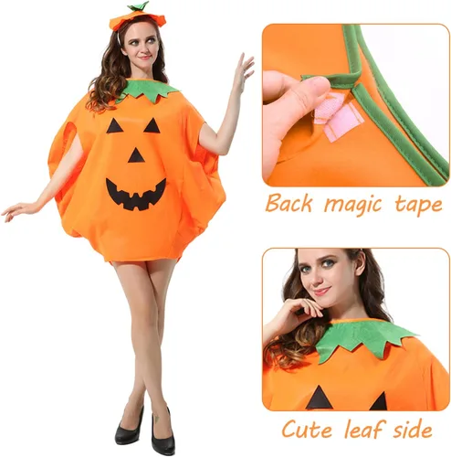 Vista 3 de FEPITO Disfraz unisex de calabaza de Halloween para adultos, 4 piezas, disfraces divertidos de Halloween, calabaza naranja, cosplay, ropa de fiesta