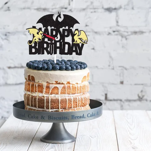 Vista 3 de Decoración para pastel de cumpleaños con purpurina negra de dragón de fuego, juegos de decoración de fiesta de dragón para niños y hombres