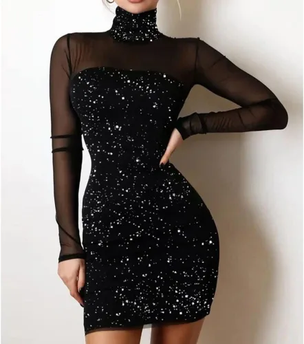 Vista 7 de PHILISENMALL Vestido negro brillante para mujer, manga larga, falda negra con purpurina, vestido de cuello alto para citas, fiestas, club nocturno