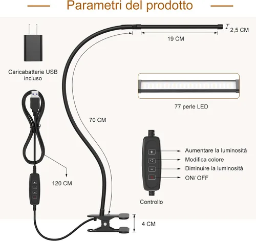 Vista 7 de Mojimdo Lámpara LED de escritorio con abrazadera, lámpara de lectura LED regulable con cuello de cisne flexible, 3 colores y 10 lámparas