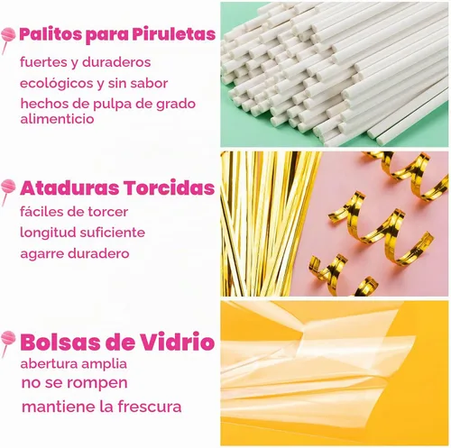 Vista 4 de 1200 piezas de palitos para pastel pop y envolturas, palitos para pastel pop de 15 cm con lazos para caramelos, chocolates, galletas y dulces