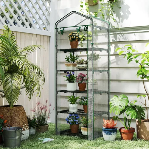 Vista 8 de Giantex Mini invernadero para interiores y exteriores, 27 x 19 x 75 pulgadas, casa portátil de cultivo de plantas con estantes de 5 niveles