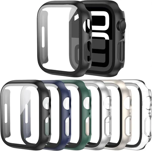 Vista 9 de Paquete de 6 fundas para Apple Watch Series 9, Series 8, Series 7 de 1.61 pulgadas, funda con protector de pantalla de vidrio templado incorporado