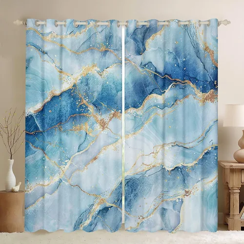 Vista 28 de Feelyou Cortinas abstractas para dormitorio, sala de estar, cortinas opacas de oscurecimiento negro y azul, con estampado de mármol, 2 paneles de 38