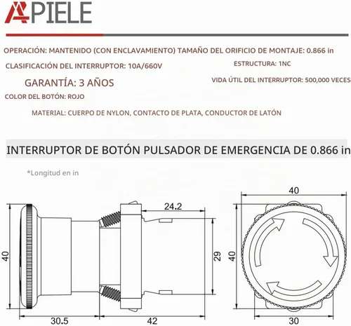 Vista 2 de APIELE Interruptor de botón de parada de emergencia hongo rojo NC de 22 mm 600 V 10 A XB2-01ZS