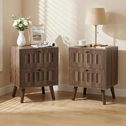 Vista 11 de Juego de 2 mesitas de noche de madera, moderna mesita de noche con diseño de rejilla, mesa auxiliar con 2 cajones de almacenamiento para sala