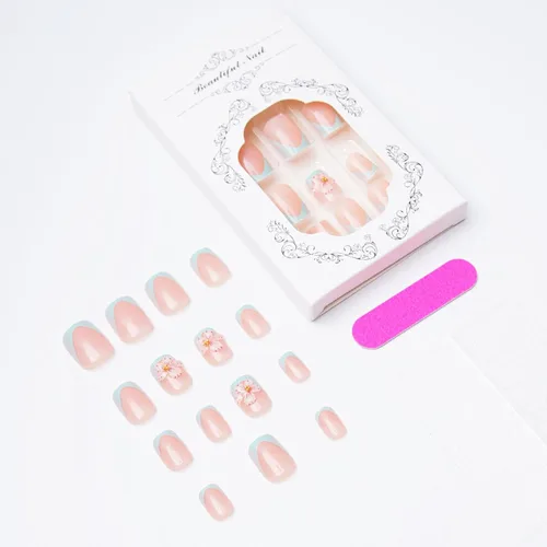 Vista 2 de Uñas postizas a presión con punta francesa verde, uñas postizas cuadradas cortas con diseños de cuentas de flores en 3D, uñas de verano, uñas Verde