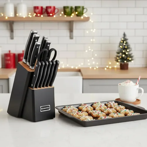 Vista 3 de Juego de cuchillos negros, juego de 15 piezas con afilador integrado y tijeras para cocina, juego de cuchillos aptos para lavavajillas, regalo ideal