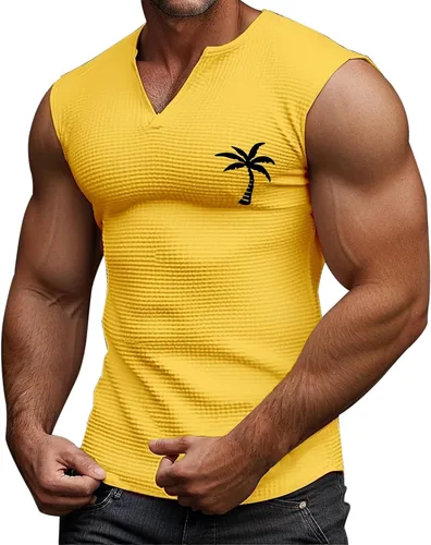 Vista 8 de Camiseta sin mangas con estampado gráfico de verano para hombre, cuello en V, talla grande, casual, recortada, para gimnasio, atlética, muscular