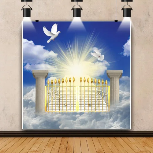 Vista 21 de Telón de fondo del cielo de 5x3 pies Puerta del cielo Puerta del paraíso Fondo fotográfico para niños, alfombra de baby shower, pancarta