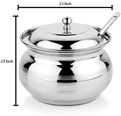 Vista 5 de Olla de almacenamiento de acero inoxidable para aceite, ghee, sal, té, café, especias, frutas secas, azúcar, olla de ghee con cuchara, recipiente