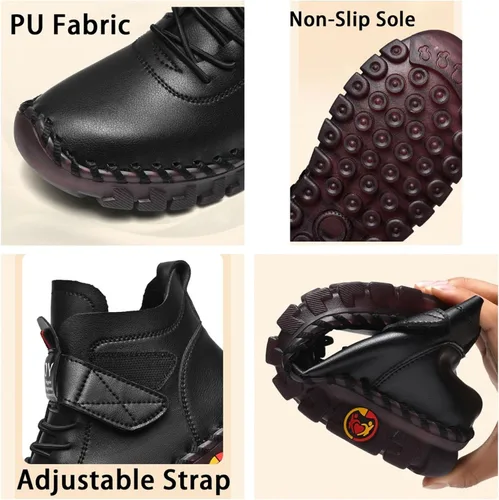 Vista 3 de Tenis planos de cuero para mujer con correa ajustable, mocasines ligeros de moda, con cordones, informales, cálidos, de plataforma, cómodos