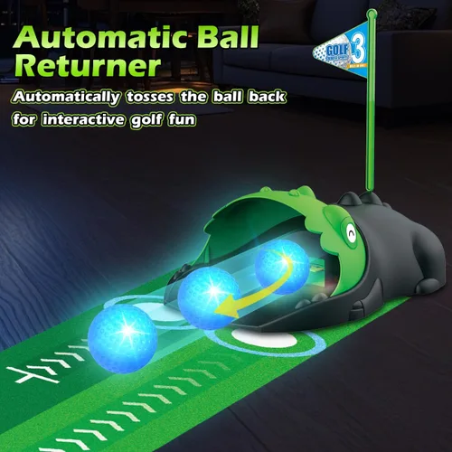 Vista 2 de TERRAMUS Juego de golf 3 en 1 para niños con devuelvedor automático de dinosaurio, tablero de Cornhole de golf, bolas con luz LED, alfombra de putt