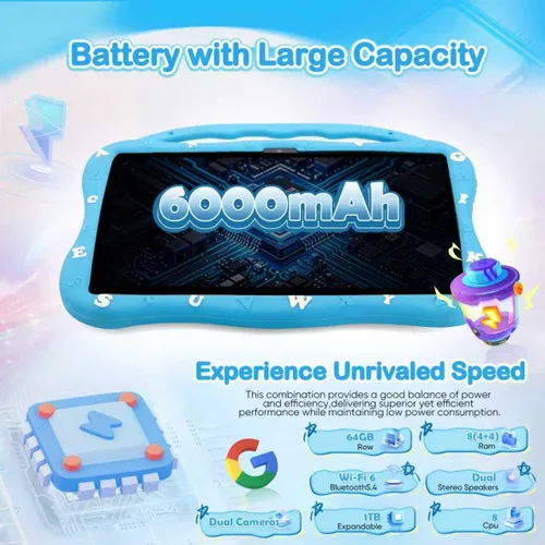 Vista 4 de MengDash Tableta para niños, tableta de 10.1 pulgadas para niños de 3 a 10, tableta educativa de aprendizaje para niños pequeños Android 14, 8 GB