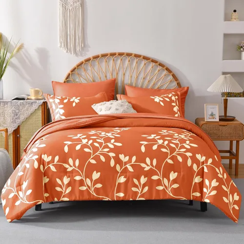 Vista 2 de Juego de edredón tamaño King – Juego de edredón de 7 piezas con estampado botánico floral en naranja con sábanas, juego de ropa de cama