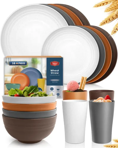 Vista 15 de Teivio Juego de vajilla de plástico de paja de trigo de 16 piezas, servicio para 4, platos de cena, plato de postre, tazones para cereales, tazas