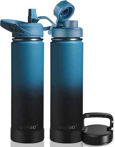 Vista 12 de CIVAGO Botella de agua aislada de 22 onzas con pajita, frasco de agua deportiva de acero inoxidable con 3 tapas