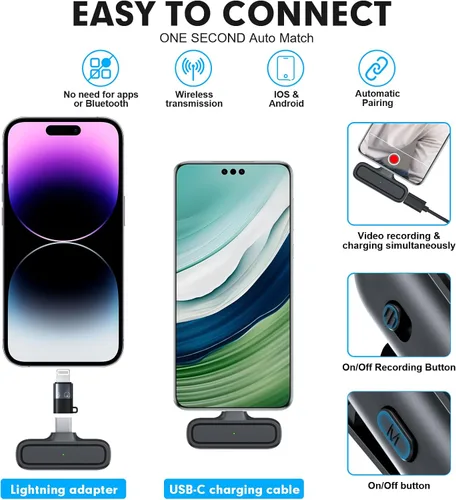 Vista 3 de Paquete de 2 micrófonos inalámbricos Lavalier para iPhone y Android, micrófono con clip de reducción de ruido Plug and Play con funda de carga