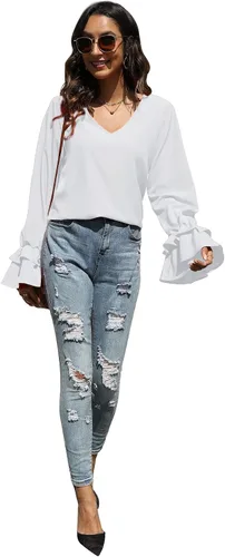 Vista 6 de LYANER Blusa casual de manga larga con cuello en V y volantes para mujer