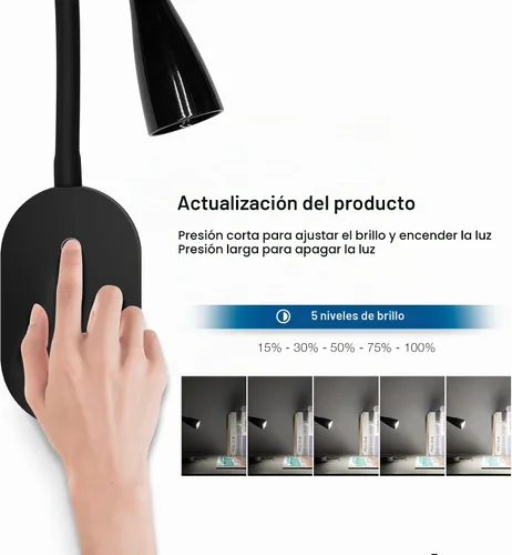Vista 3 de Luz de lectura de pared, lámpara de libro para leer en la cama, lámpara de lectura moderna con salida USB y control táctil, 5 luces LED regulables