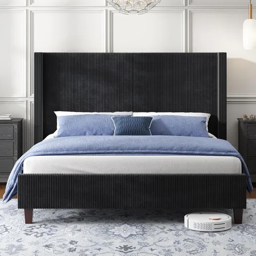 Vista 3 de HOWE - Base de cama tapizada tamaño Queen, plataforma con cabecera de 50.8" estilo abatible, patas de pana/madera maciza, no necesita somier, sin