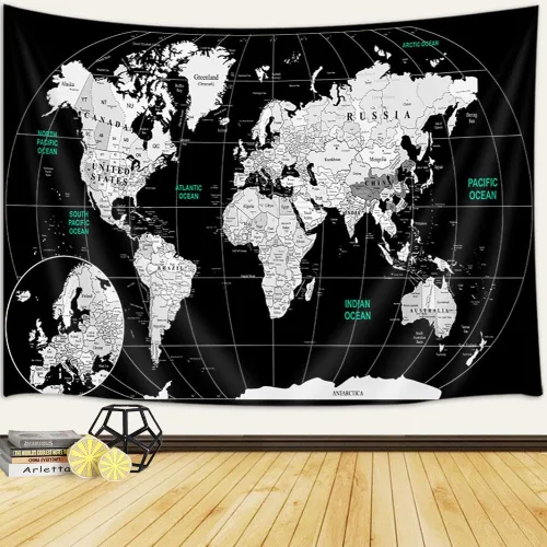 Vista 2 de Arte de pared con mapa del mundo para niños, tapiz educativo con países, ciudades, topografía - Asia, Europa, América, África, Japón, 40 x 30 Negro