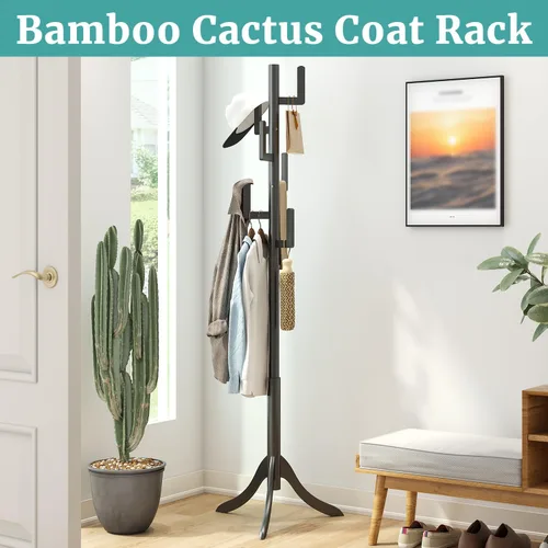 Vista 2 de Perchero negro independiente, árbol de bambú de cactus, soporte de madera de altura ajustable con 6 ganchos, perchero para niños, utilizado