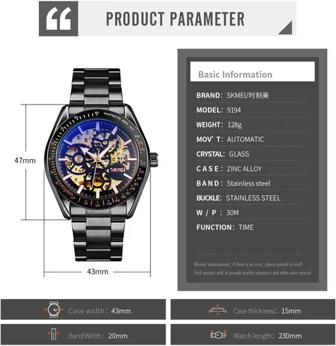 Vista 7 de FANMIS Reloj mecánico de lujo de acero inoxidable esqueleto impermeable automático automático automático reloj de pulsera luminoso