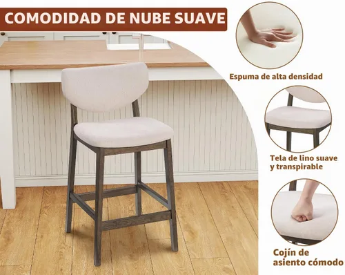 Vista 6 de PrimeZone - Juego de 2 taburetes de bar de cocina de 26 pulgadas, nogal y beige