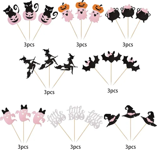 Vista 3 de Paquete de 24 adornos para cupcakes de Halloween con purpurina rosa, fantasma, pequeño abucheo, murciélago, bruja, gato, calabaza, magdalena
