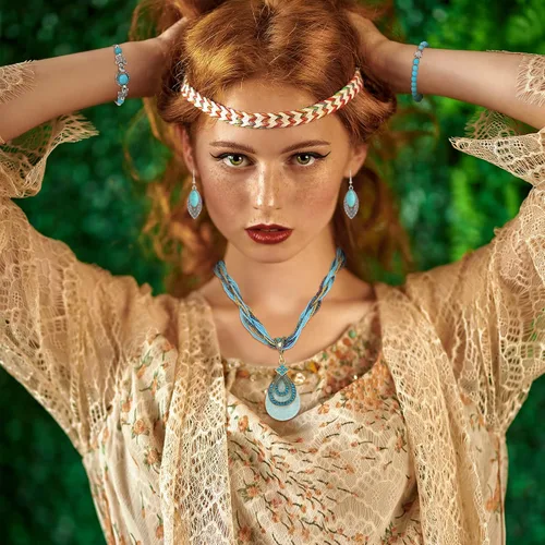 Vista 7 de MTLEE Conjunto de 16 piezas de turquesa bohemia, collar con colgante de turquesa bohemia, aretes colgantes de turquesa, pulsera elástica