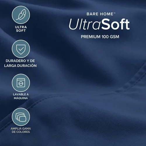 Vista 3 de Bare Home Juego de sábanas 1800 ultra suaves con 4 fundas de almohada 10 - Azul oscuro