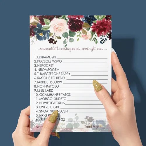 Vista 5 de Juegos de despedida de soltera con flores azules, 25 cartas, juego de palabras de boda, divertida actividad de adivinación para invitados, fiestas