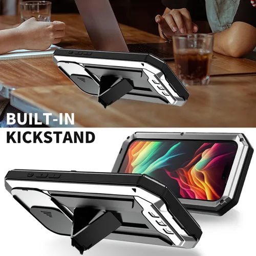 Vista 6 de FW - Funda de metal compatible con iPhone 15 Pro con cubierta deslizante para cámara deslizante, protector de pantalla integrado, funda híbrida