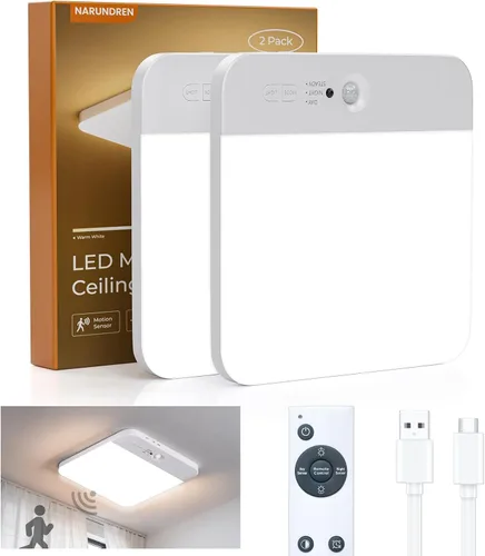 Vista 10 de NARUNDREN Lámpara de techo recargable con sensor de movimiento con control remoto, luces de techo inalámbricas que funcionan con baterías, luz