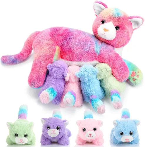 Vista 7 de Skylety Animal de peluche Nurturing con 4 gatitos de peluche, gatos de peluche para niñas y niños, mamá gatita de peluche con gatitos para regalos