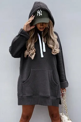 Vista 2 de PRETTYGARDEN Sudadera casual de manga larga con dobladillo dividido y bolsillo tipo canguro