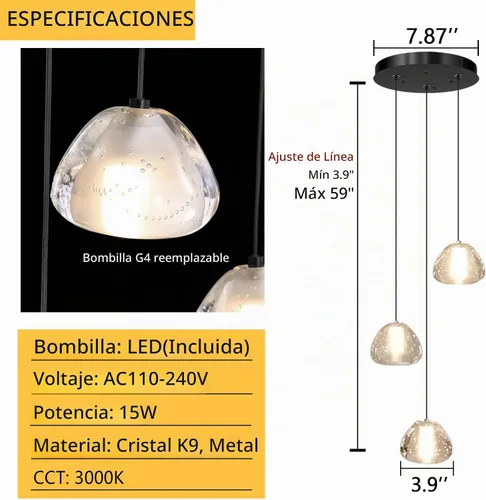 Vista 2 de Lámpara colgante moderna de cristal para isla de cocina, comedor, dormitorio, pasillo, color negro