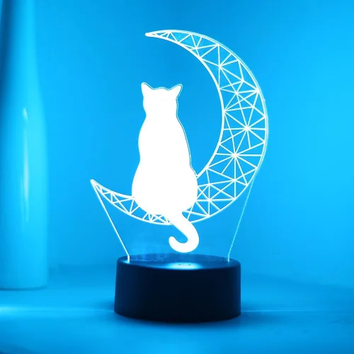Vista 9 de EXIGENT Lámpara LED 3D Luna Gato Lámpara Acrílico Ilusión Noche Intermitente Fresco (Moon_Cat)