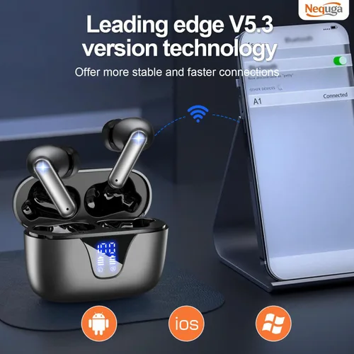 Vista 6 de Auriculares inalámbricos Bluetooth, auriculares de reproducción de 50 horas con micrófono, funda de carga con pantalla digital LED, IPX7