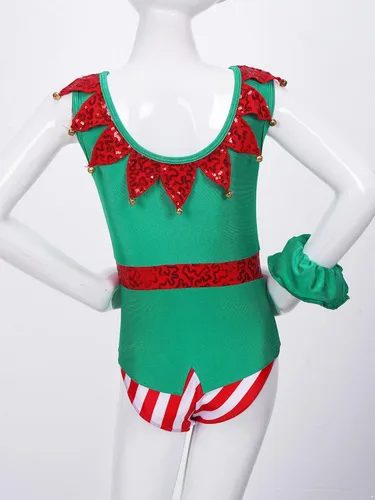 Vista 5 de TiaoBug Disfraces de elfo de Navidad para niñas y niñas, leotardo de gimnasia, trajes de ballet de una pieza