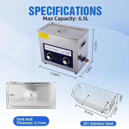 Vista 3 de Máquina limpiadora ultrasónica de 6.5 L con temporizador de calentador, lavadora ultrasónica de acero inoxidable de 180 W, 40 KHz Sonic Jewelry