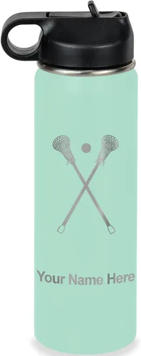 Vista 53 de LaserGram Botella de agua personalizada, palitos de lacrosse, acero inoxidable de doble pared aislada al vacío con popote superior, regalo grabado